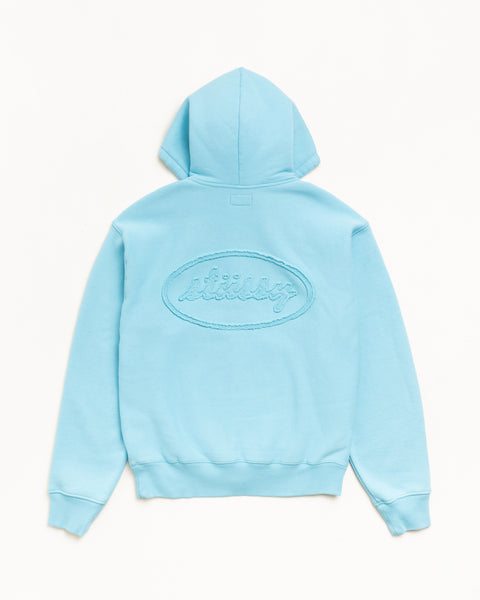 Aqua zip hoodie, back view with cursive applique logo, fleece, unisex long sleeve