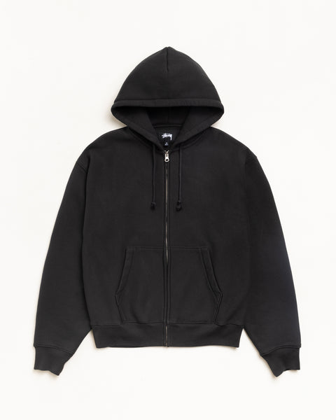 Black zip hoodie with metal zipper, drawcord hood, kangaroo pocket, and ribbed cuffs and hem