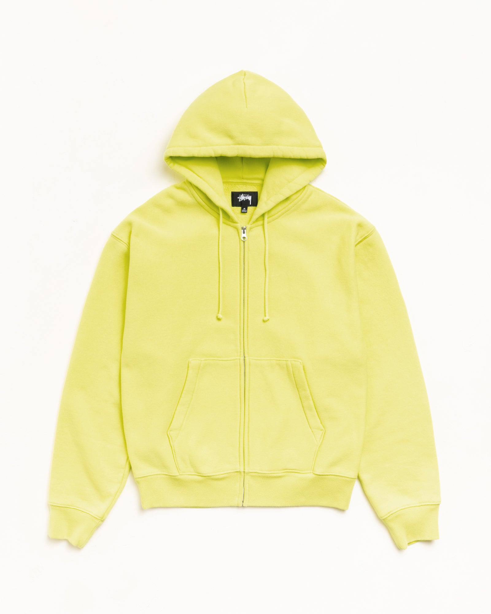 Lime fleece zip-up hoodie with drawcord hood, kangaroo pocket, and ribbed cuffs