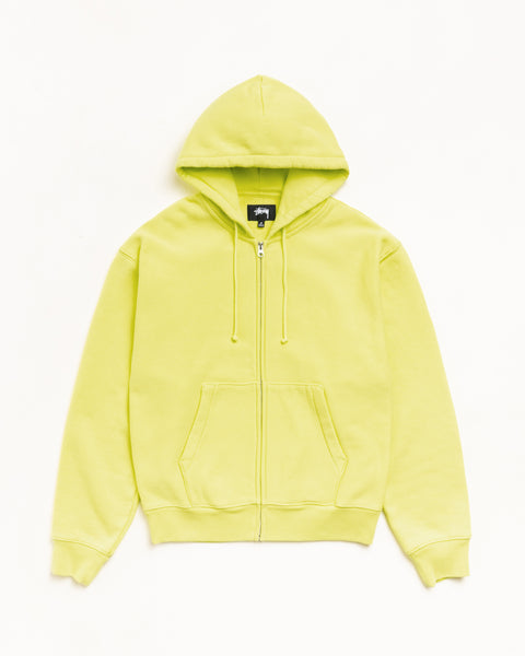 Lime fleece zip-up hoodie with drawcord hood, kangaroo pocket, and ribbed cuffs
