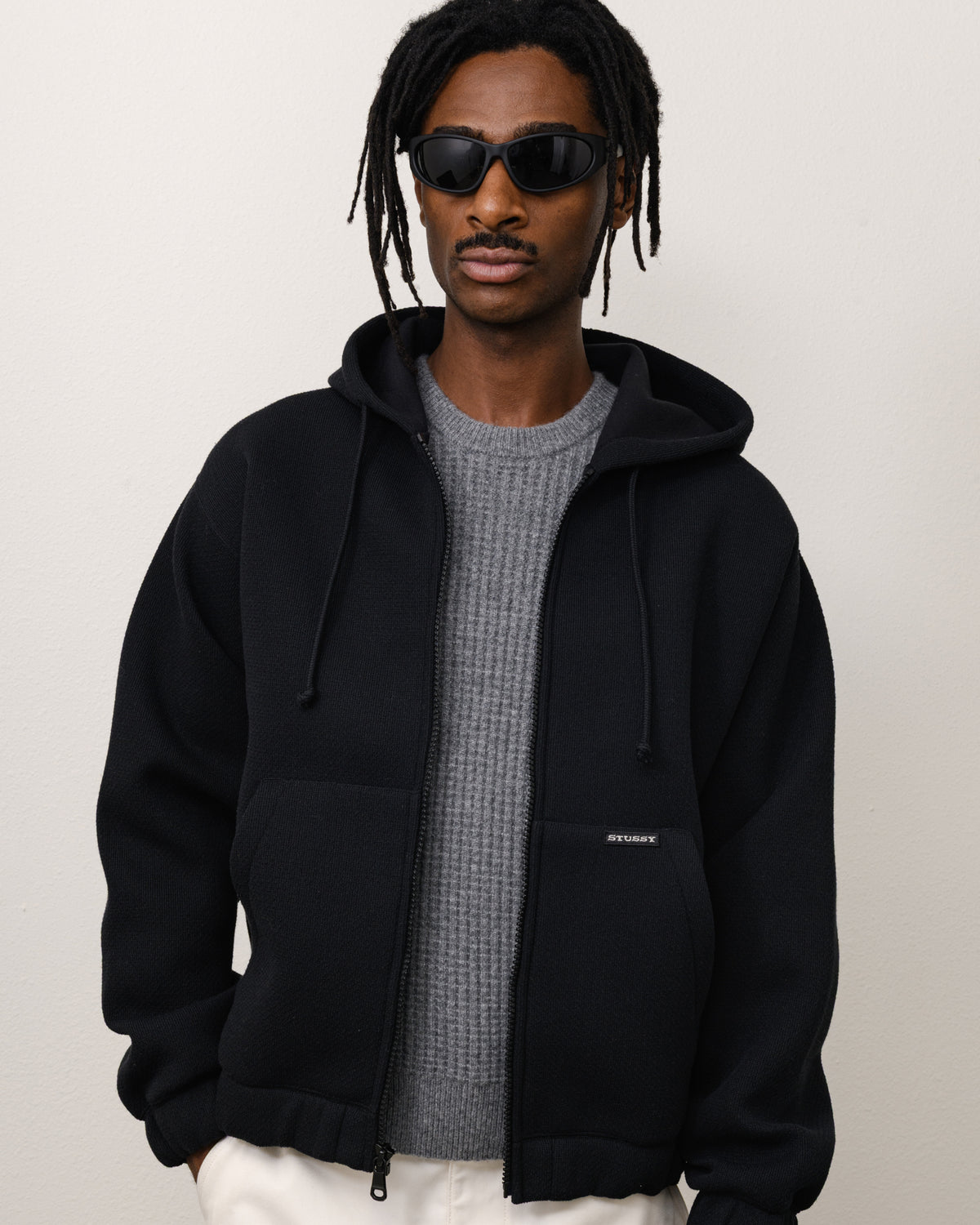 Bonded Jersey Zip Hood Unisex Long Sleeve In Black