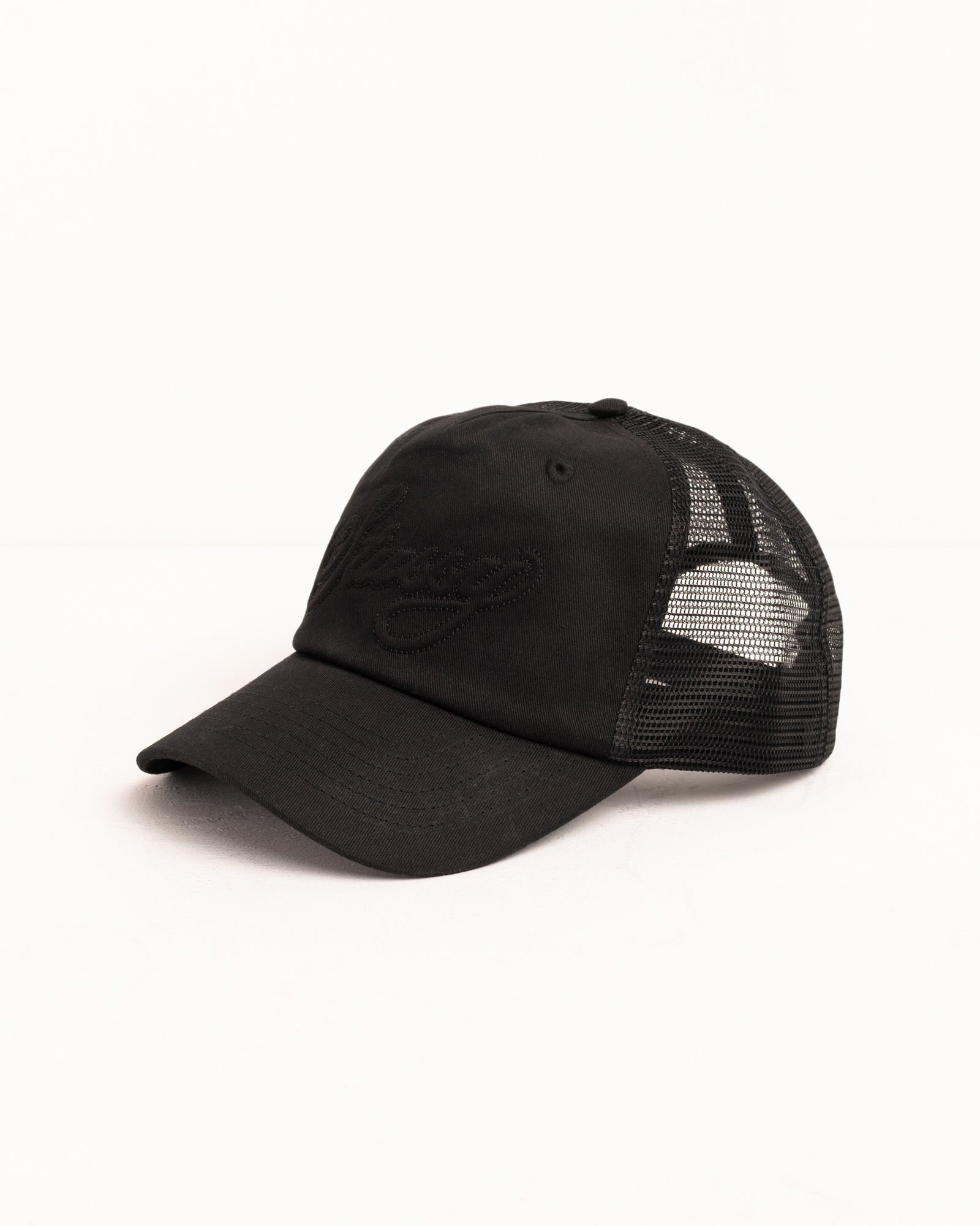 Waxed Trucker Cursive Stitch Snapback – Black | Headwear