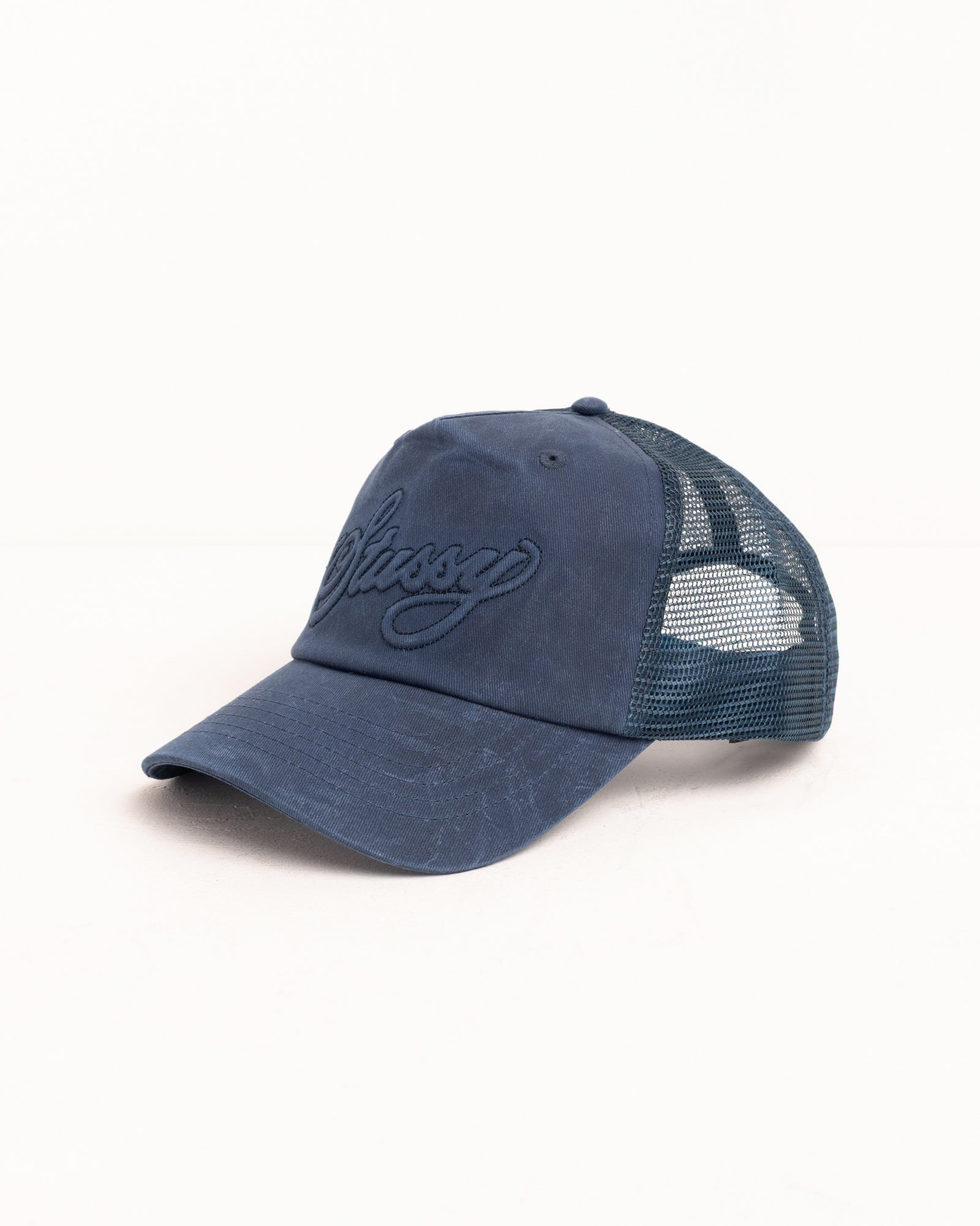 Waxed Trucker Cursive Stitch Snapback – Navy | Headwear | Stüssy