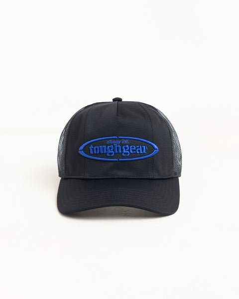 Black trucker cap with blue embroidered logo, mesh back, and precurved brim