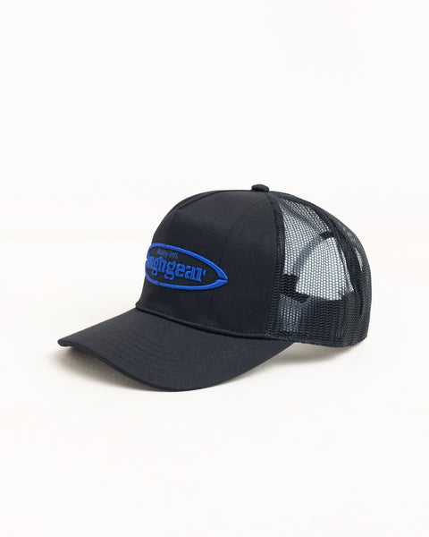 Black trucker cap with mesh back and blue logo embroidery
