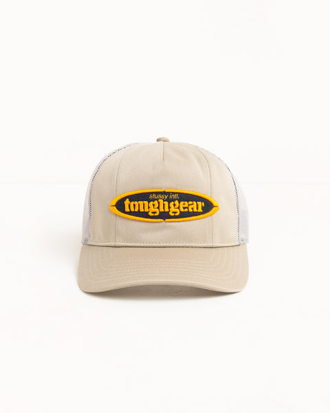 Khaki mesh-back trucker cap with raised yellow and black Tough Gear patch and precurved brim