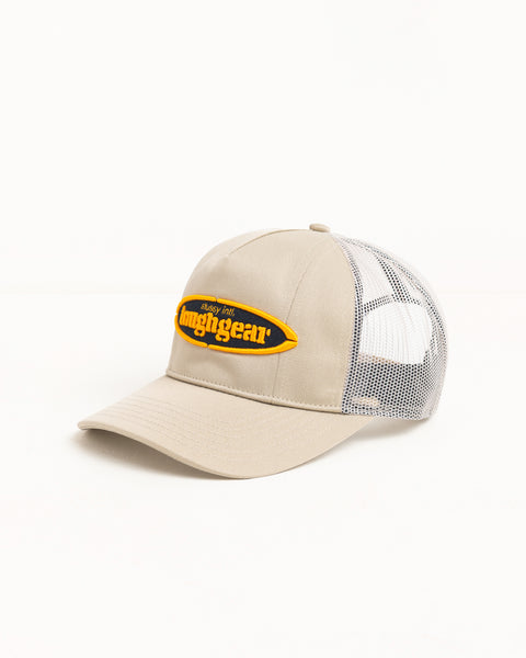 Khaki trucker cap with yellow logo patch, white mesh back and curved brim