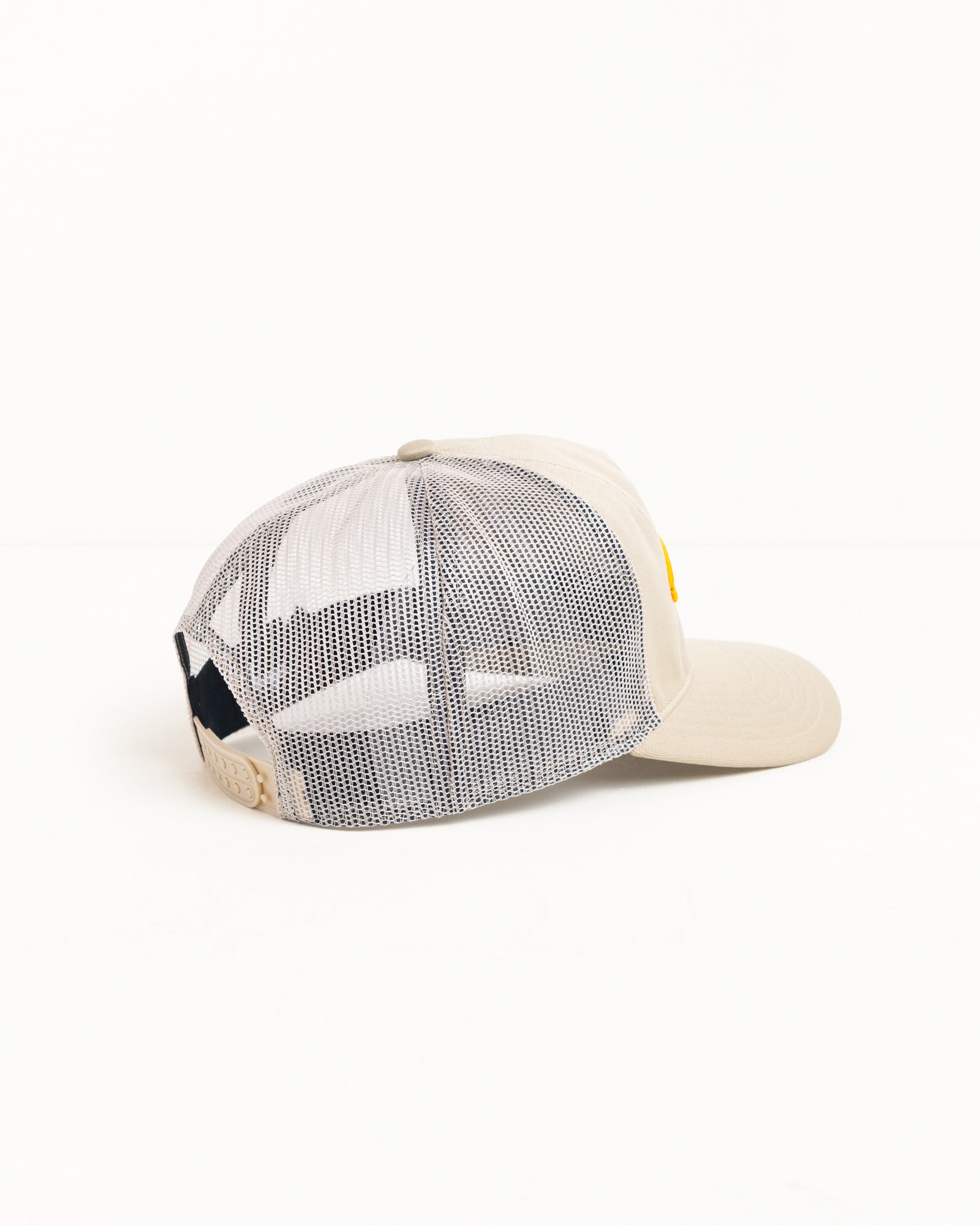 Khaki Tough Gear trucker cap with white mesh back and adjustable snapback closure