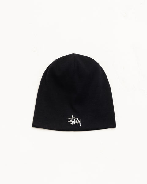 Black jersey skullcap beanie with white embroidered logo, unisex fit