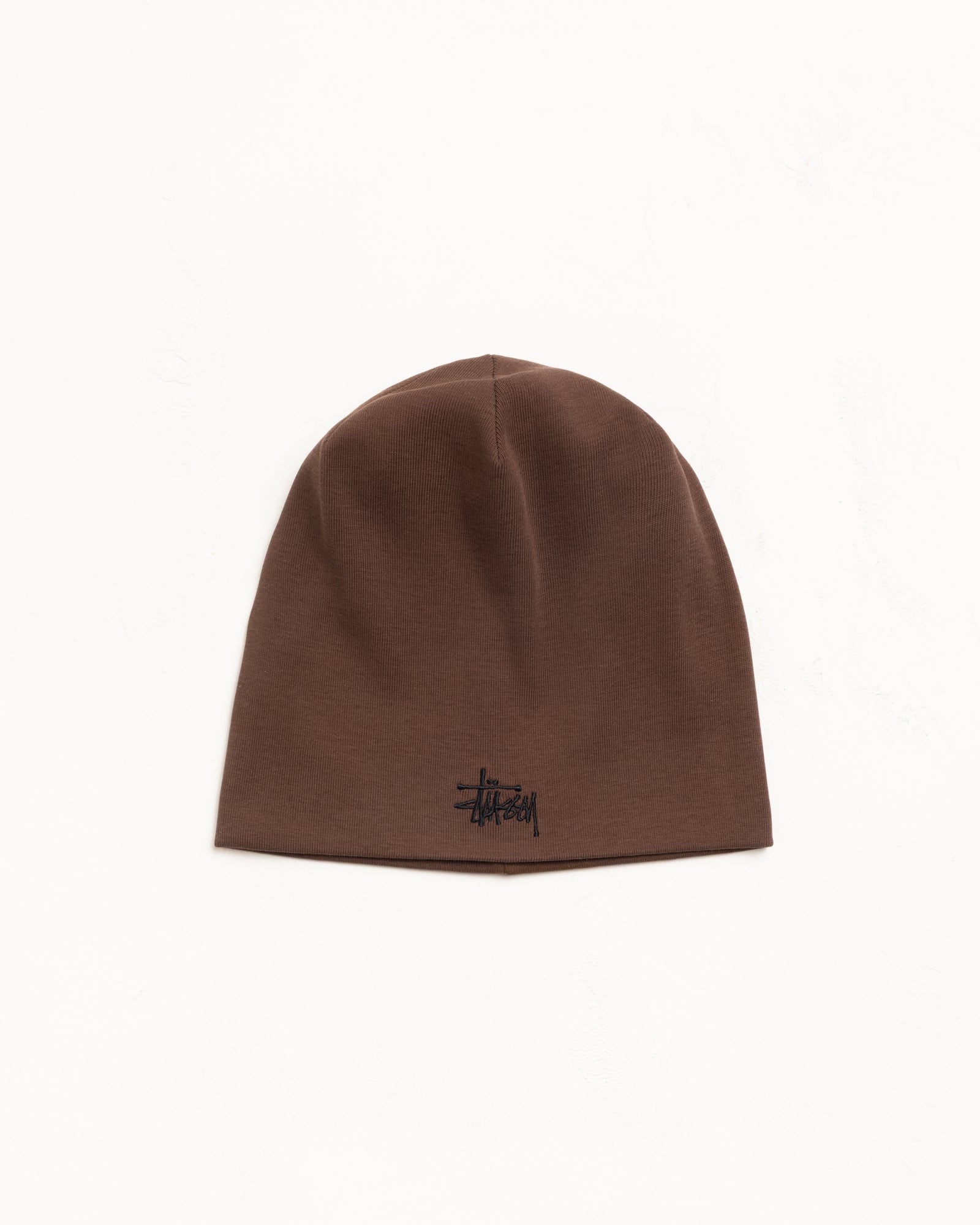 Brown skullcap beanie in jersey knit with black logo embroidery