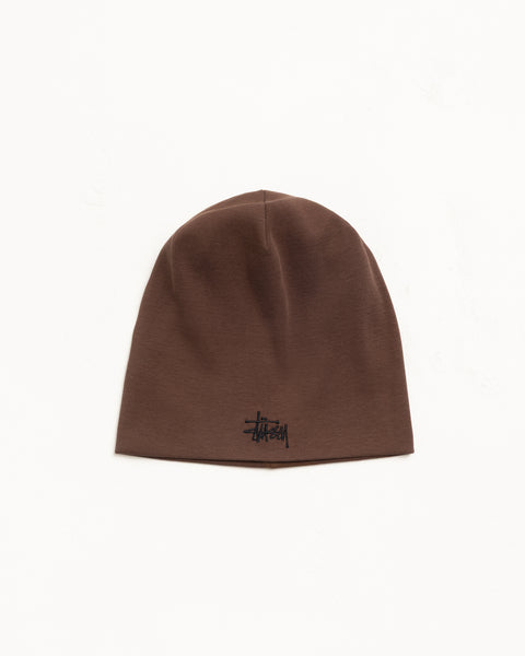 Brown skullcap beanie in jersey knit with black logo embroidery