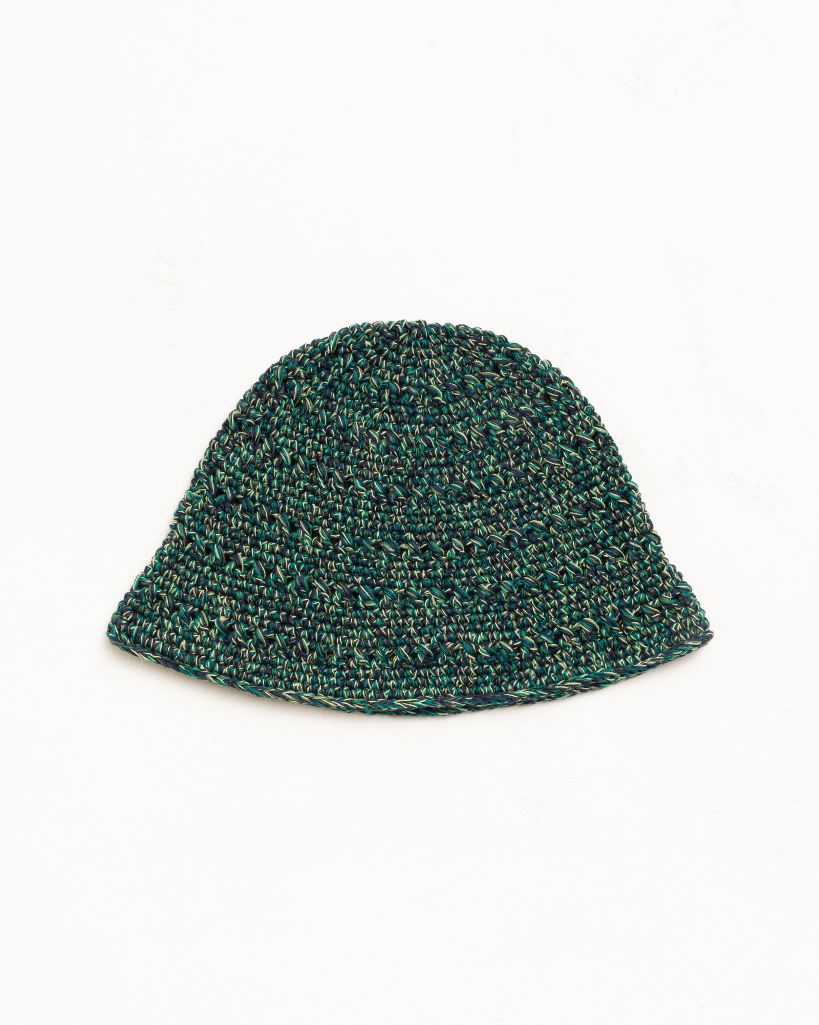 Knit bucket hat in multi green with a chunky textured weave; unisex styling