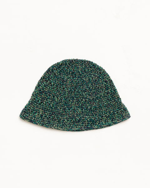 Knit bucket hat in multi green with a chunky textured weave; unisex styling