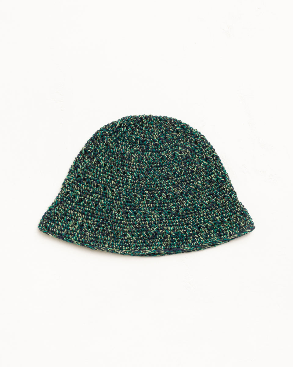 Knit bucket hat in multi green with a chunky textured weave; unisex styling