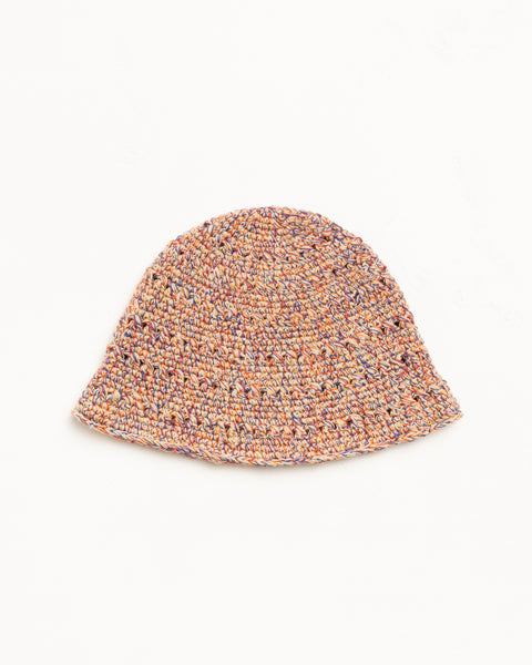 Multicolour tan knit bucket hat with hemp yarn and textured weave, unisex