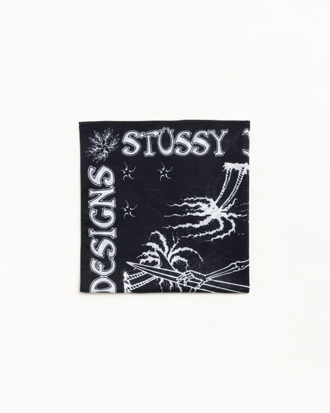 Black cotton bandana with white graphic print, bold logo text, and contrast border