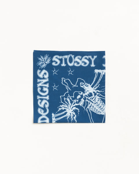 Blue bandana with white graphic print, unisex accessory