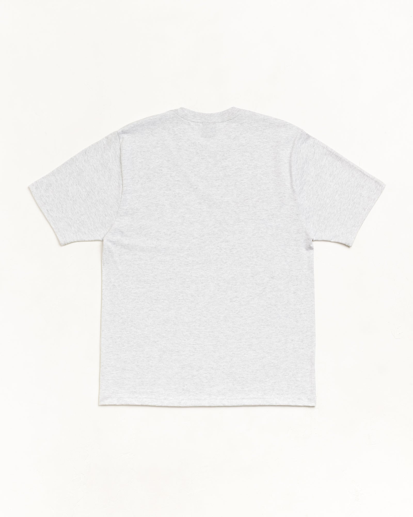 Unisex short-sleeve tee in ash heather, back view on white backdrop