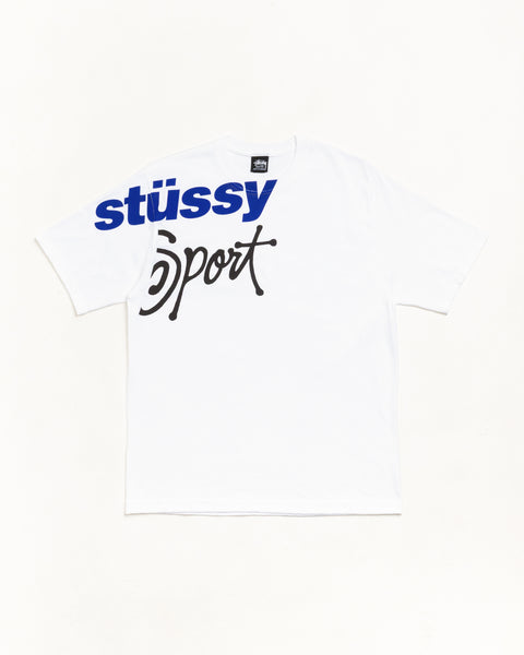 White short sleeve tee with oversized blue Stussy logo and black Sport script graphic