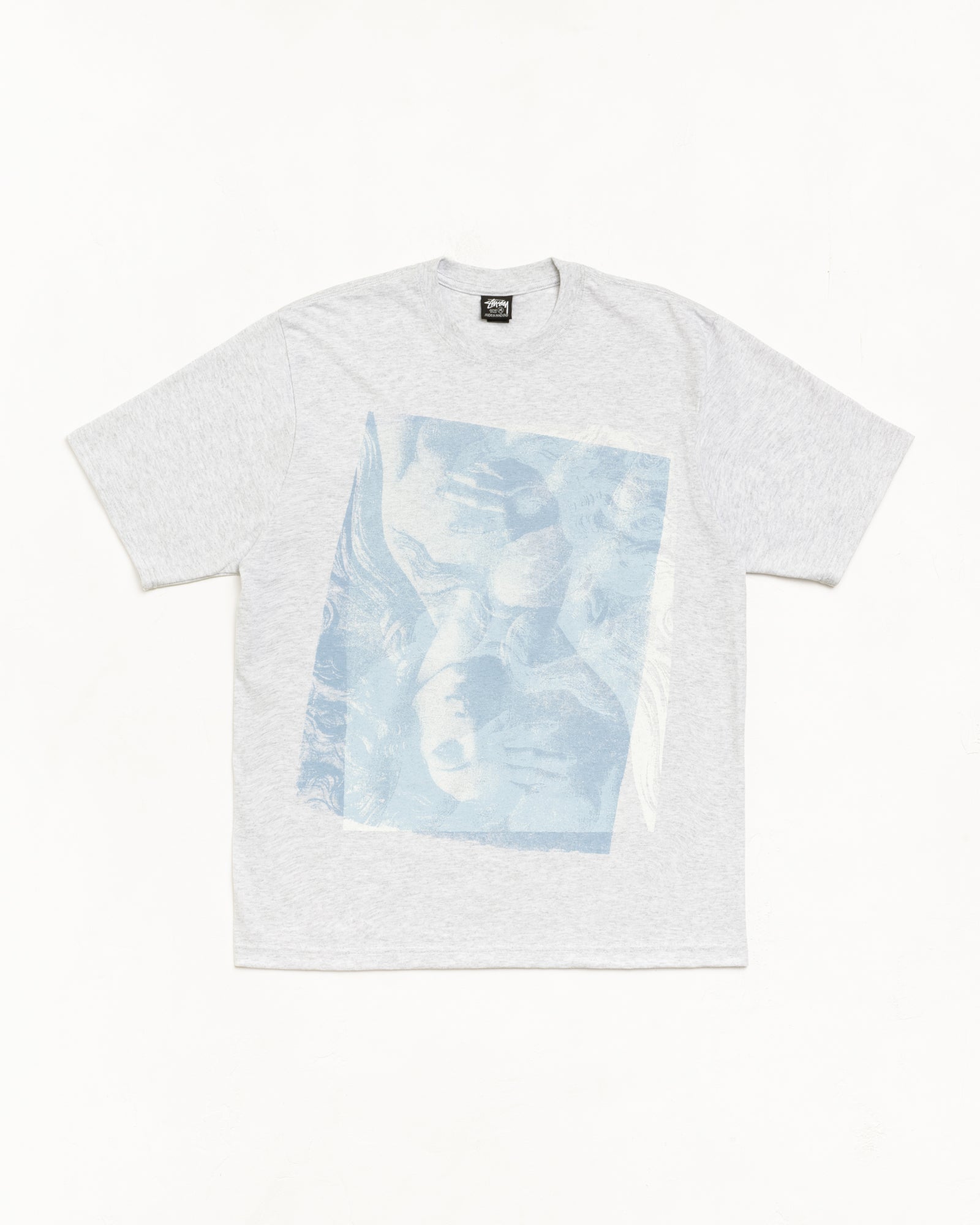 Ash heather unisex short-sleeve tee with large pale blue graphic print