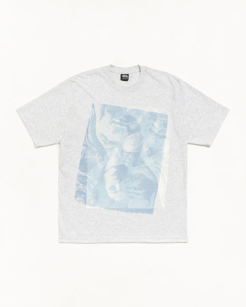 Ash heather unisex short-sleeve tee with large pale blue graphic print