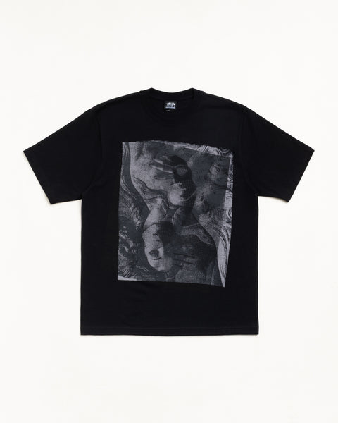 Black unisex short-sleeve tee with large greyscale graphic print on front
