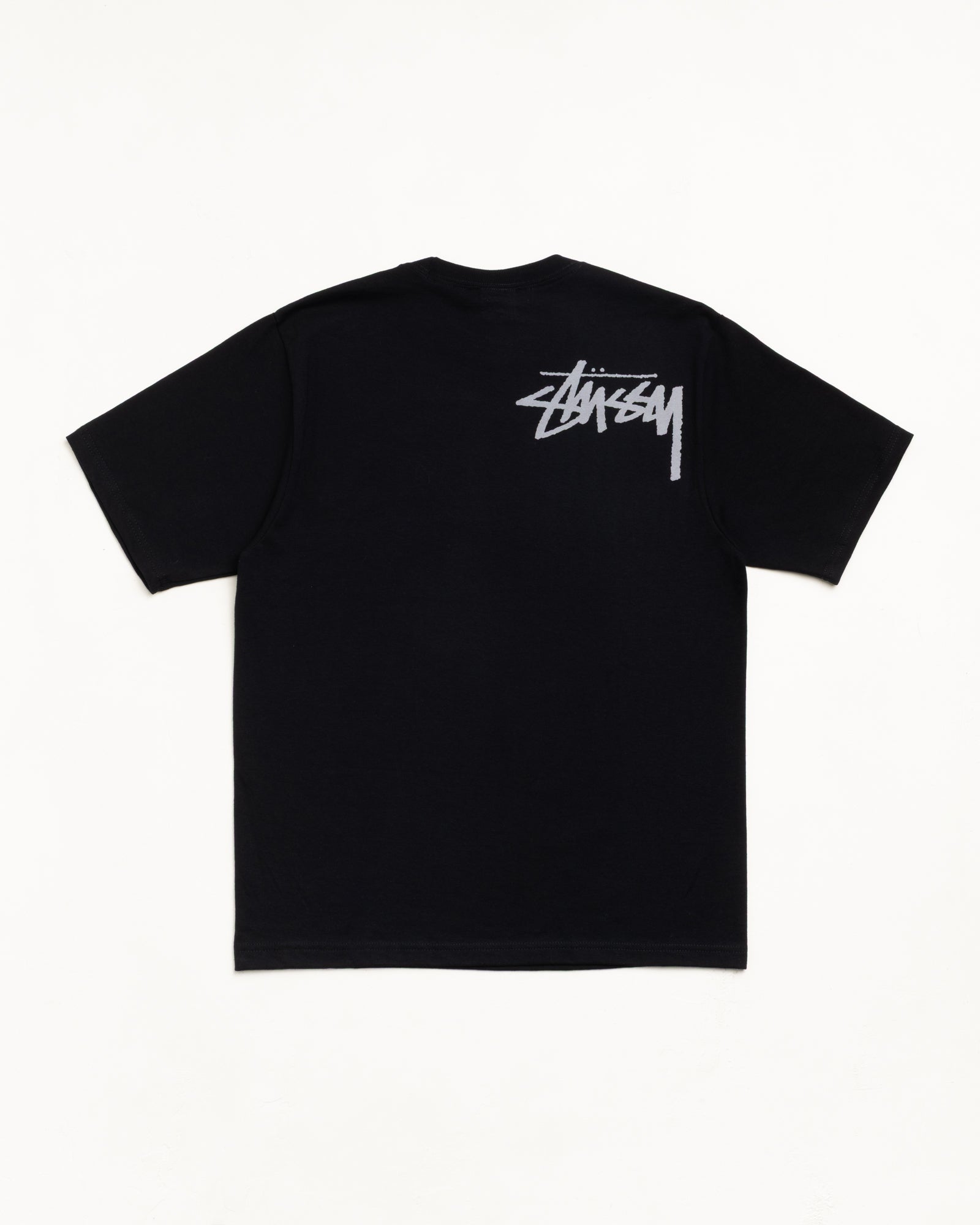 Black short-sleeve tee, back view with grey logo print at shoulder
