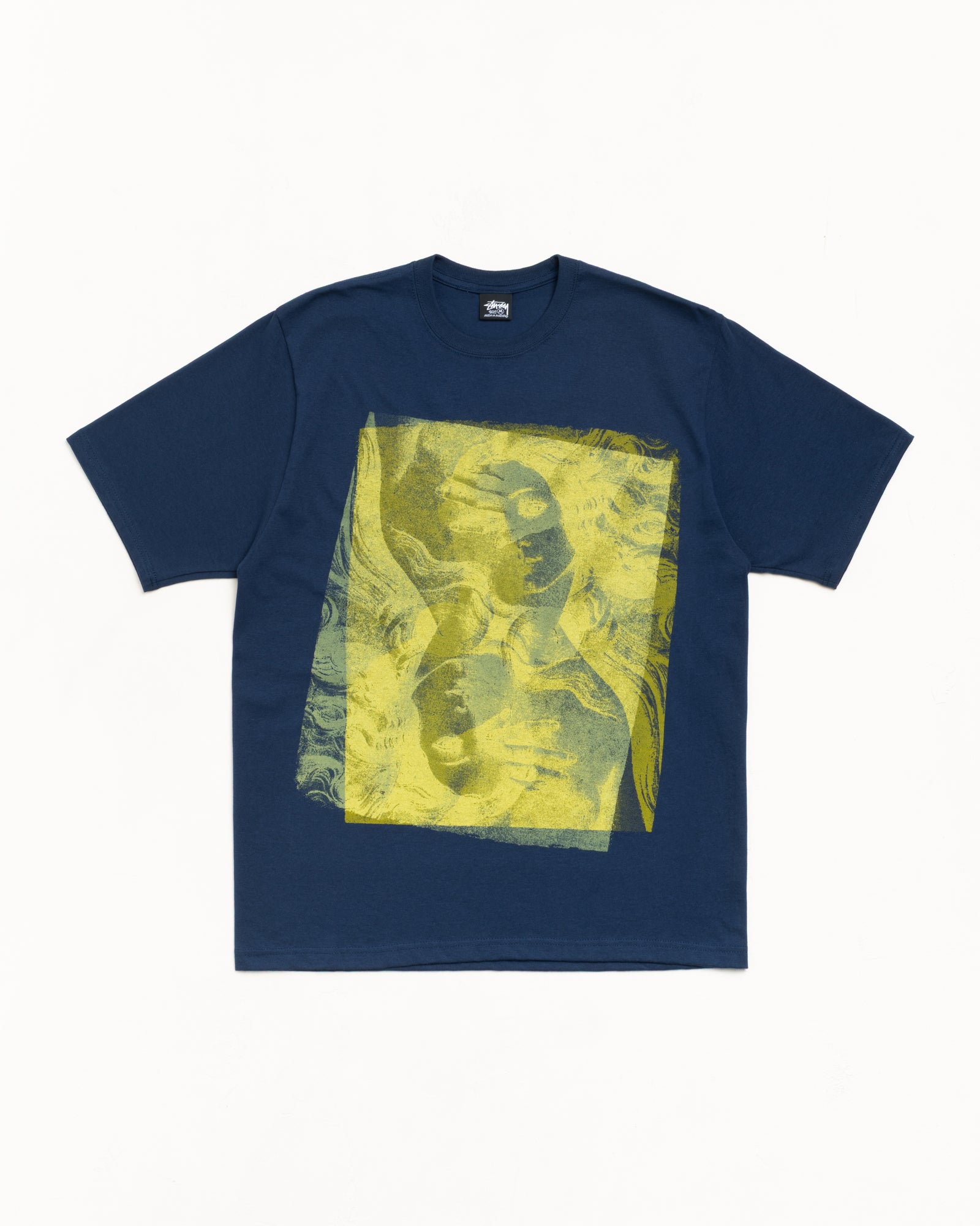 Navy unisex crewneck short-sleeve tee with large yellow graphic print on the front