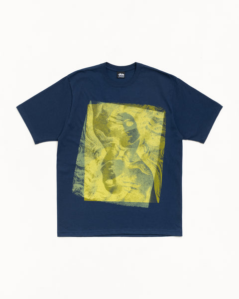 Navy unisex crewneck short-sleeve tee with large yellow graphic print on the front
