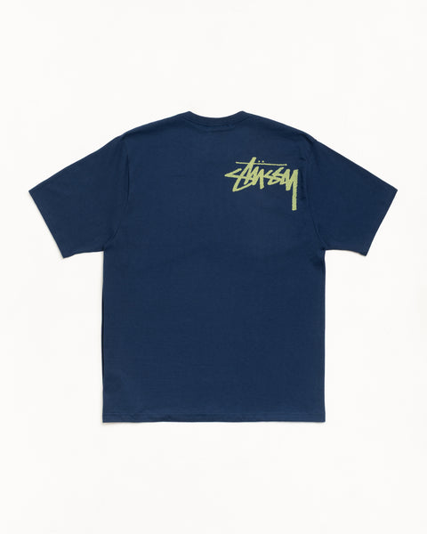 Navy short-sleeve cotton tee with lime back logo print