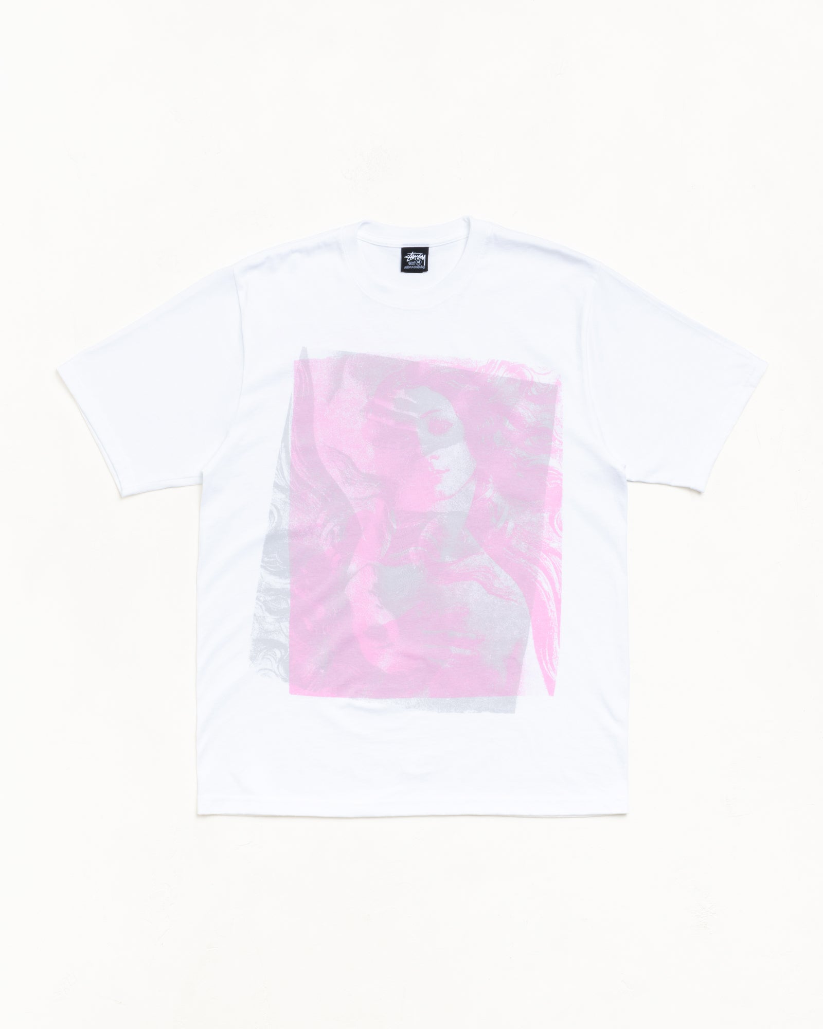White unisex short-sleeve tee with oversized pink and grey screenprint graphic