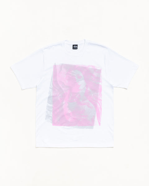 White unisex short-sleeve tee with oversized pink and grey screenprint graphic
