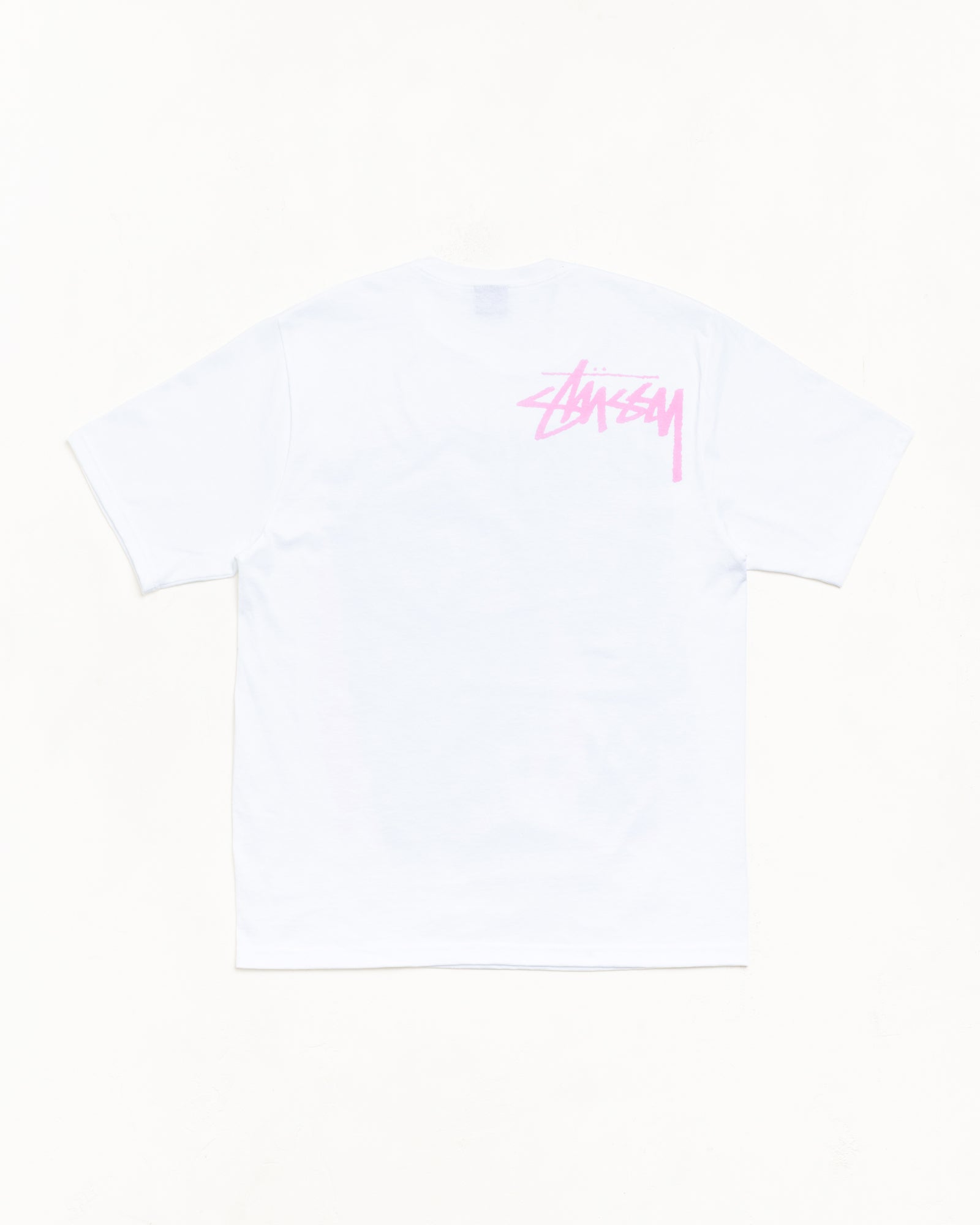 White short-sleeve tee, back view with pink graphic at shoulder