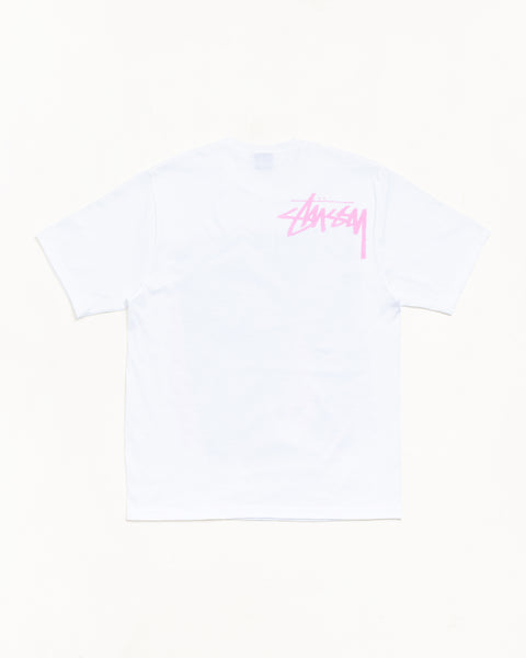 White short-sleeve tee, back view with pink graphic at shoulder