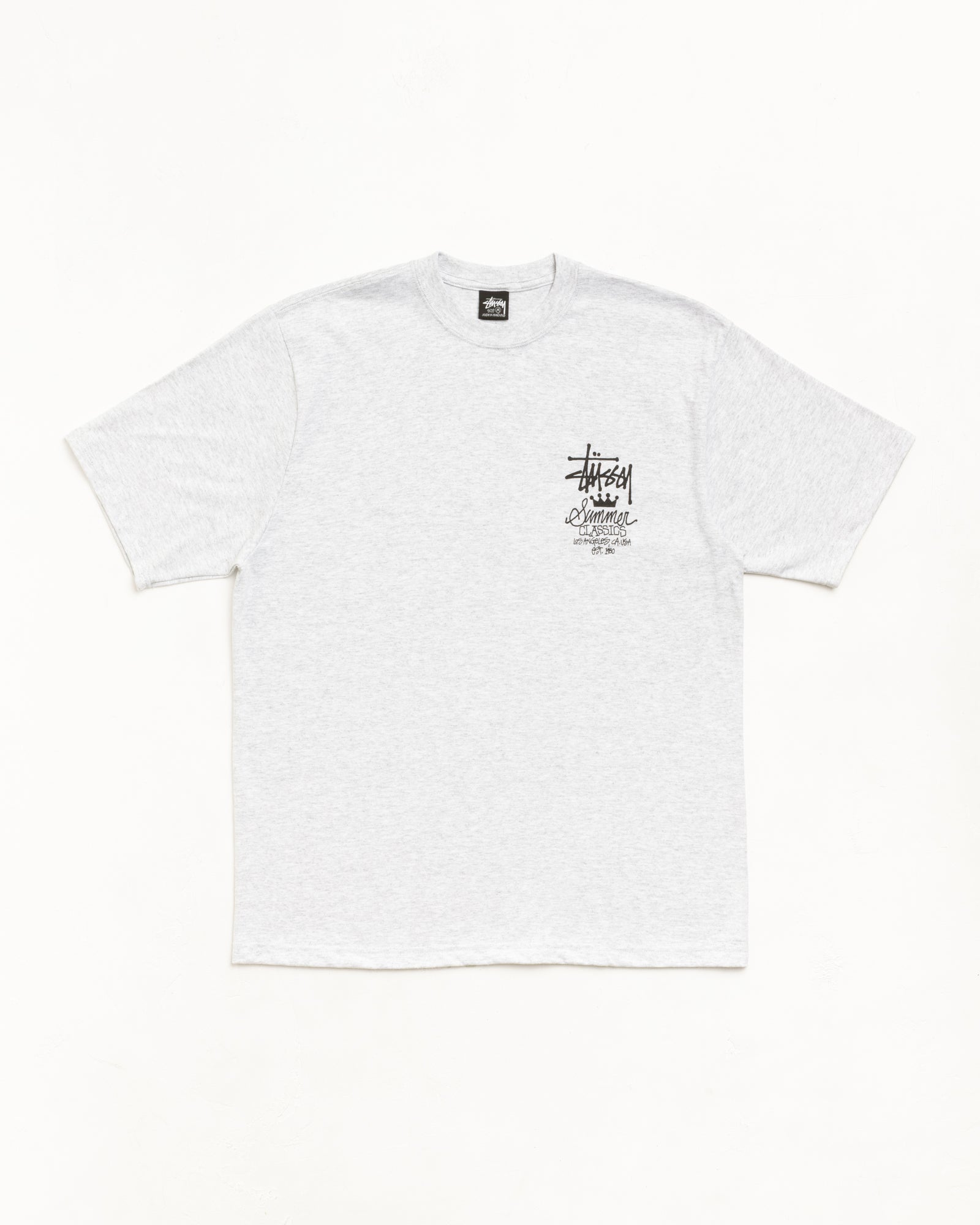 Ash heather unisex short-sleeve tee with chest logo print and ribbed crewneck