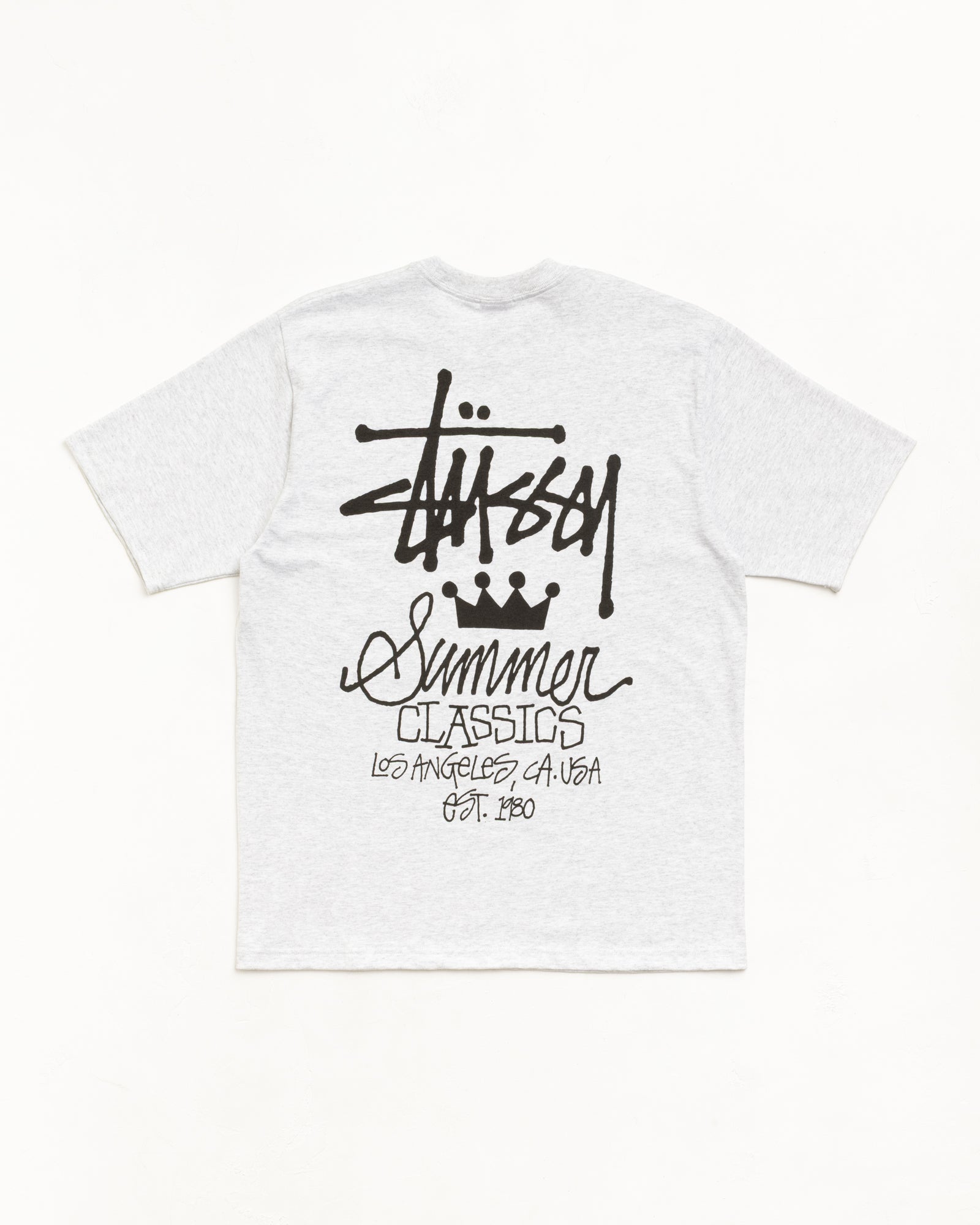 Back view of ash heather tee with bold black Stüssy logo and 'Summer Classics' graphic