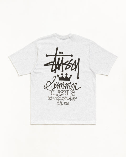 Back view of ash heather tee with bold black Stüssy logo and 'Summer Classics' graphic