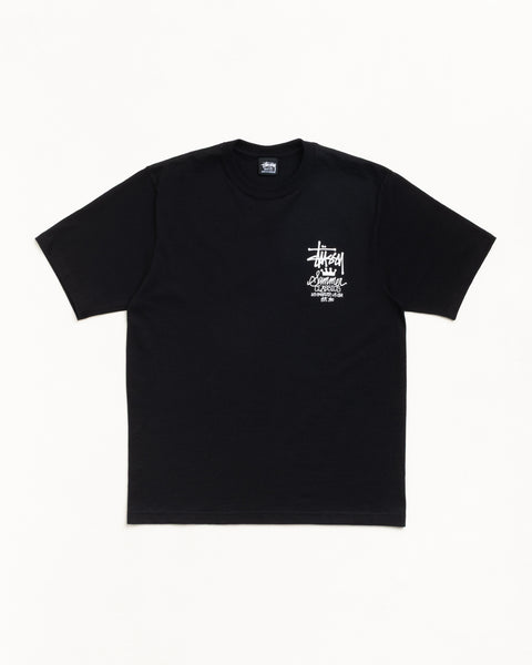 Black short-sleeve cotton tee with small white chest graphic; classic crewneck fit