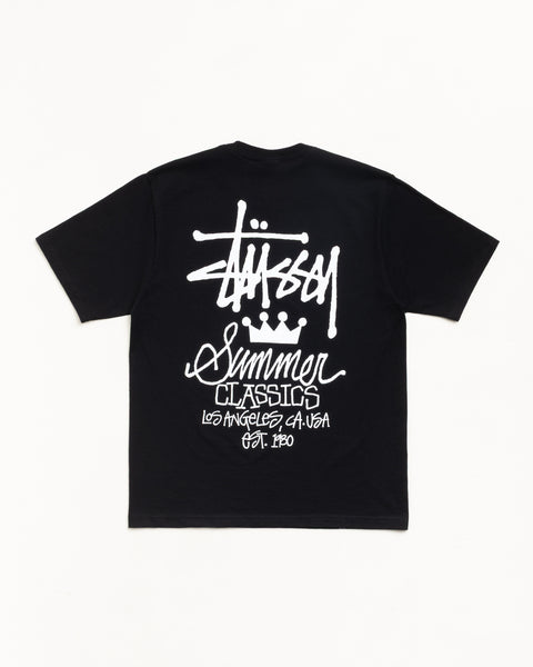 Black short-sleeve cotton tee with small white chest graphic; classic crewneck fit