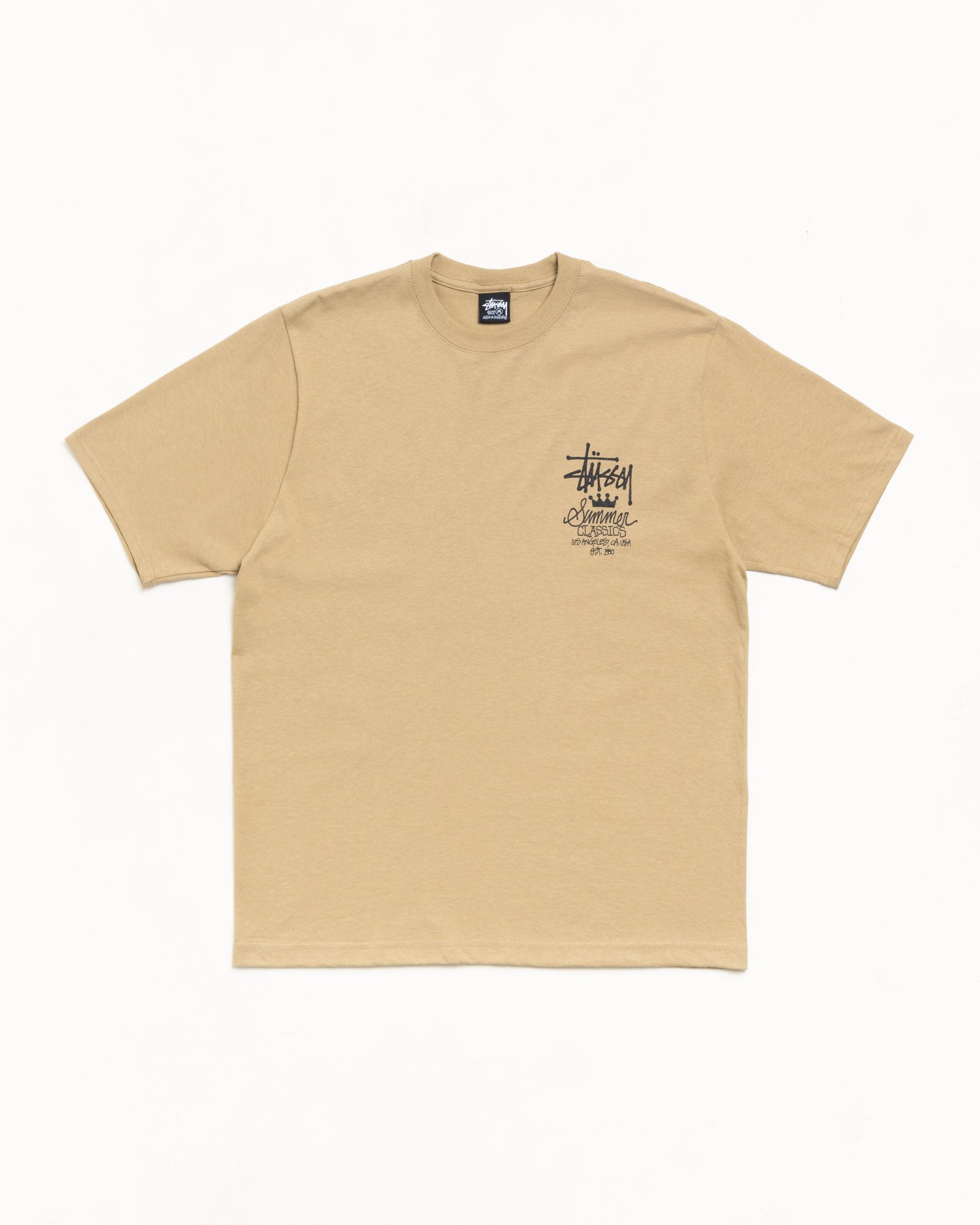 Khaki unisex short-sleeve cotton tee with ribbed crewneck and small chest graphic