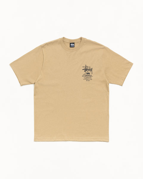 Khaki unisex short-sleeve cotton tee with ribbed crewneck and small chest graphic