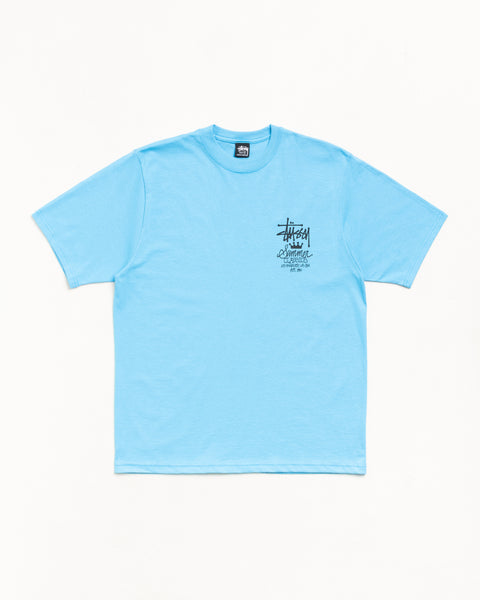 Sky blue unisex short-sleeve tee with small black chest logo and crewneck