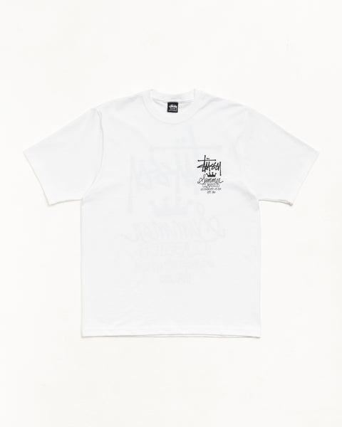 White unisex short sleeve tee with small black chest logo and ribbed crewneck