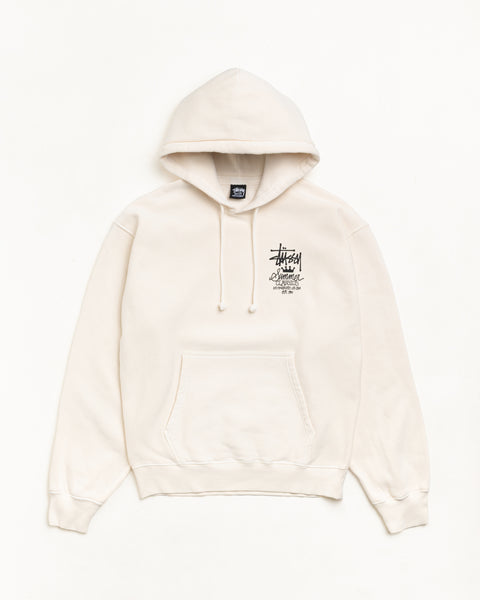 Bone-colour pullover hoodie with drawcord hood, left-chest logo graphic, and kangaroo pocket