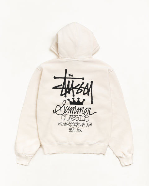 Bone pullover hoodie with long sleeves and bold black script back graphic, unisex
