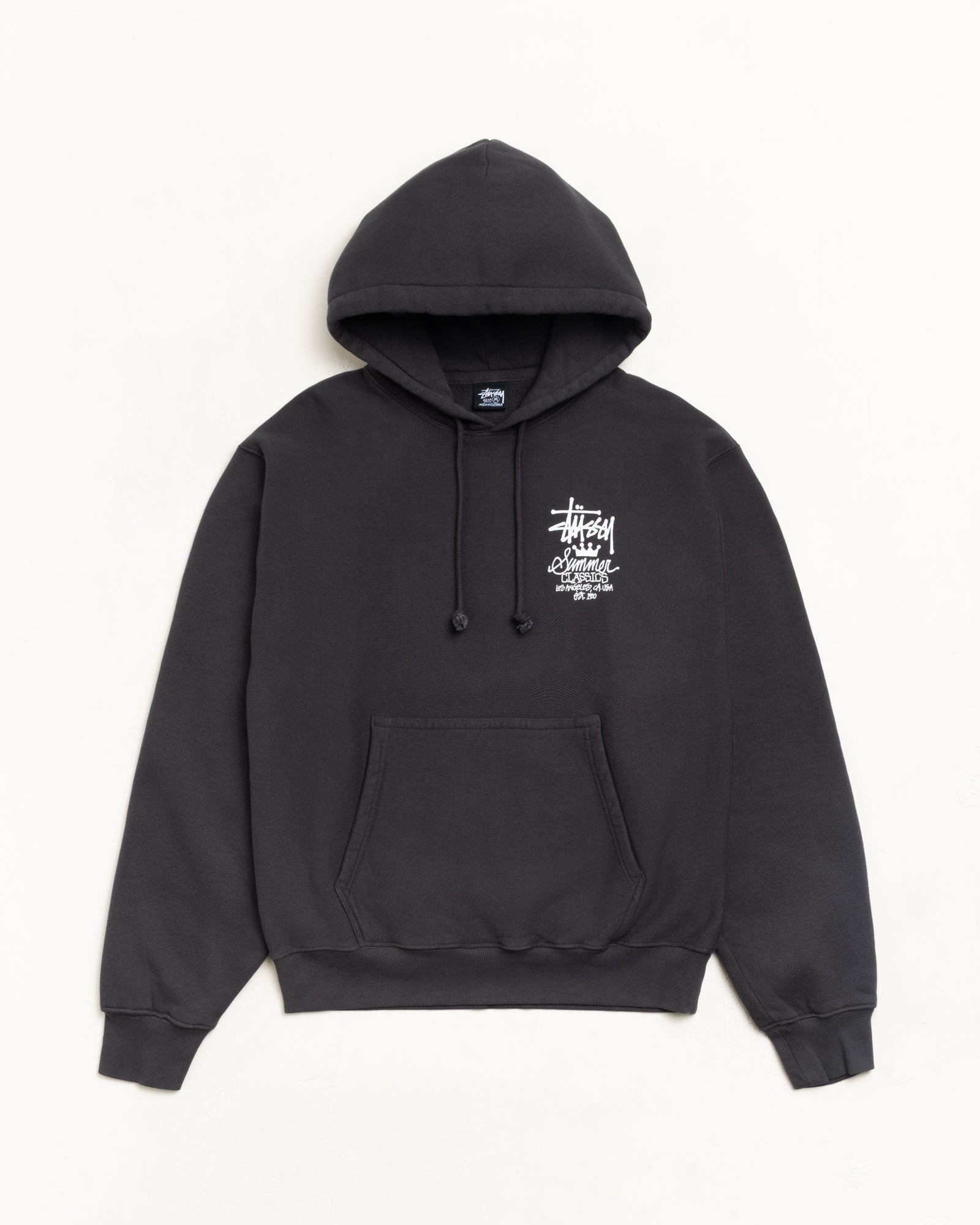 Garment dyed unisex hoodie in faded black with chest logo, drawcord hood and kangaroo pocket