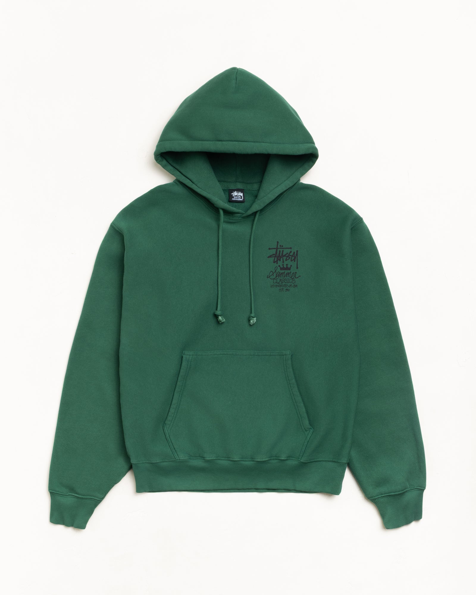 Garment-dyed pine green fleece hoodie with drawcord hood, chest print and kangaroo pocket