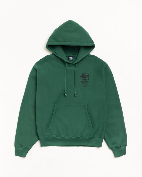Garment-dyed pine green fleece hoodie with drawcord hood, chest print and kangaroo pocket