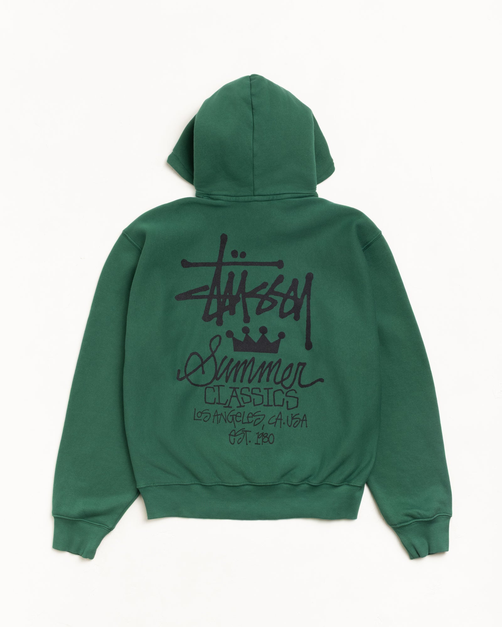 Pine green fleece hoodie with oversized black back logo print; ribbed cuffs