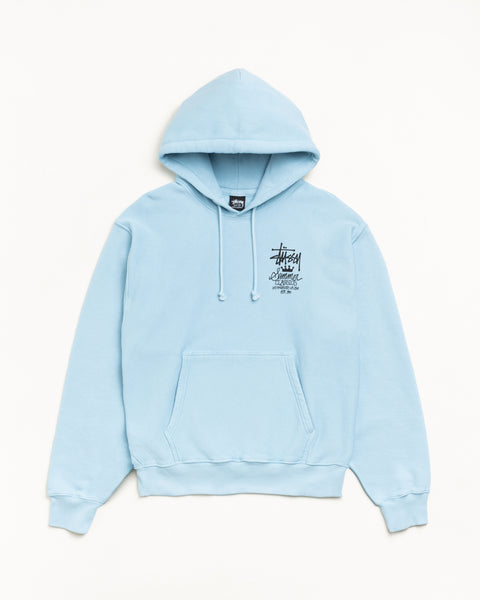 Sky blue unisex hoodie with drawcord hood, kangaroo pocket and small chest graphic